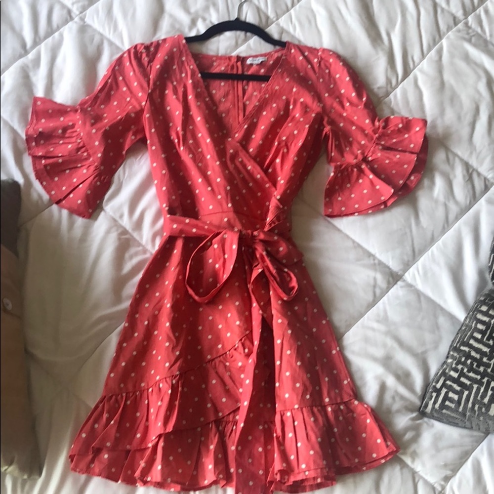 Pink & white polka dot belted wrap dress